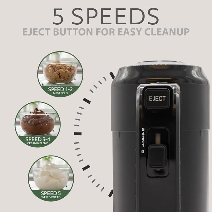 WILLOW Eco Series Electric Hand Mixer, 5 Speed Ultra Powerful Handheld Mixer with Stainless Steel Whisks, Beaters & Dough Hooks + Eject Button, 350W Kitchen Mixer with Snap-On Storage Case - BLACK