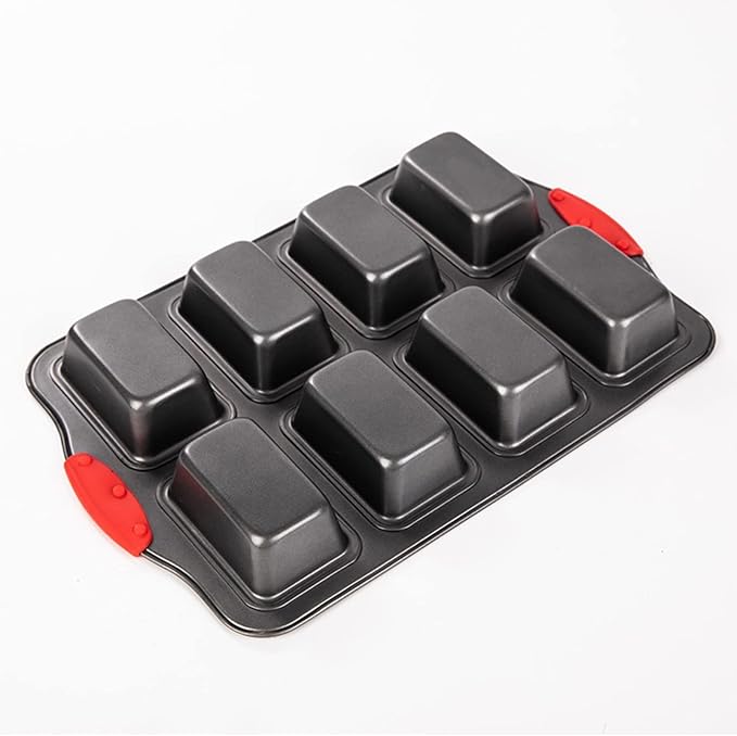 2 Packs 8 Cavity Non-Stock Mini Loaf Pan with Silicone Handle, Mini Bread Loaf Baking Pan Mini Brownie Pan Cheesecake Mould Rectangular Bar