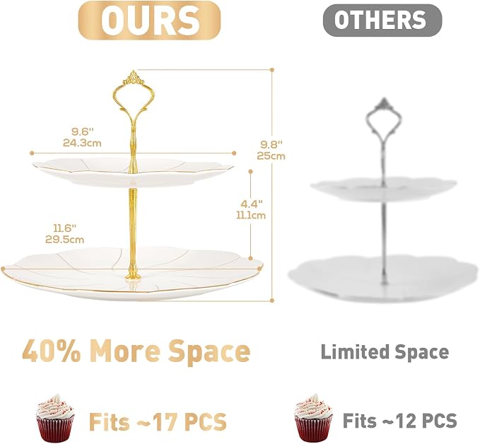 DUJUST Luxury Larger 2-Tier Cupcake Stand Tower, British Style Porcelain Serving Tray with Golden Trim, Food Grade Dessert Display Stand for Tea Party & Home Décor - 40% Larger Plates