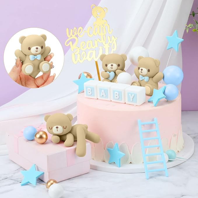 Yinder Bear Cake Toppers Mini Bear Cake Decorations Cake Toppers Gold White Pearl Ball for Birthday Party Decorations(Blue, Brown,Cute Style)