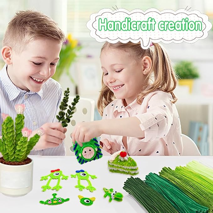 620Pcs Green Pipe Cleaner Flower Kit, 6 Colors Bulk Chenille Stems with Wires, Ribbon, Stamens and Card, All-in-One DIY Flower Craft Supplies for Creative Gifts Home Decoration, Party & School Crafts