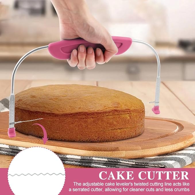 Adjustable Cake Leveler Cutter With 3PCS Cake Scrapers Set,Baking Supplies Tool for Kitchen,Large Size Cake-Cutter Slicer for Leveling,Single Stainless Steel Wire & Plastic Handle(COLOR:Rose Red)