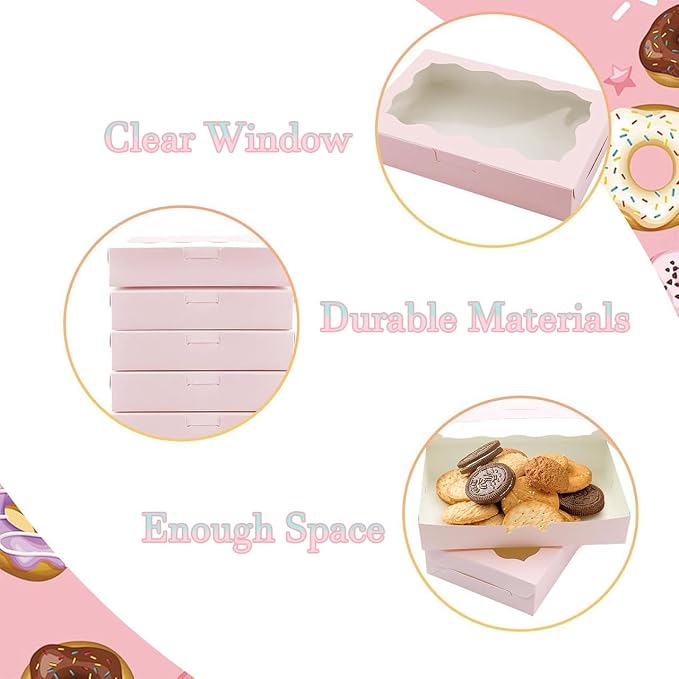 Amonk Cookie Boxes with Window, Pink 7x4.3x1.5 Inch Paperboard, 20PCS | Bakery Boxes Treat Boxes for Chocolate Covered Strawberries, Desserts, Cookies and Macaroons