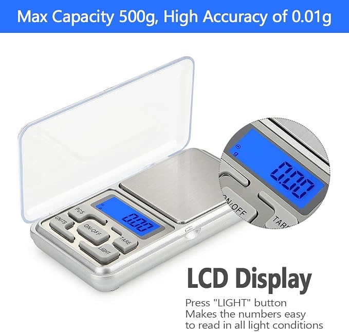 Digital Pocket Scale, 500g Capacity High Precision Balance of 0.01g, Mini Electronic Grams Reloading Weight Scale, Food Scale, Jewelry Gem Scale, Kitchen Scale