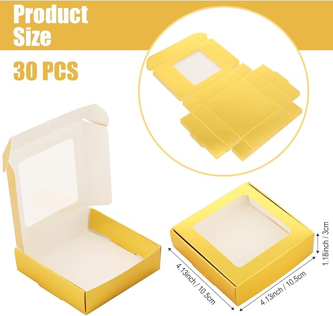 Zonon 30 Pcs Kraft Paper Boxes with Window 4.13 x 4.13 x 1.18 Inch Candy Packaging, Small Gift Boxes, Soap holder, Mini Treat Packaging for Bakery Chocolate Jewelry Display (Gold)