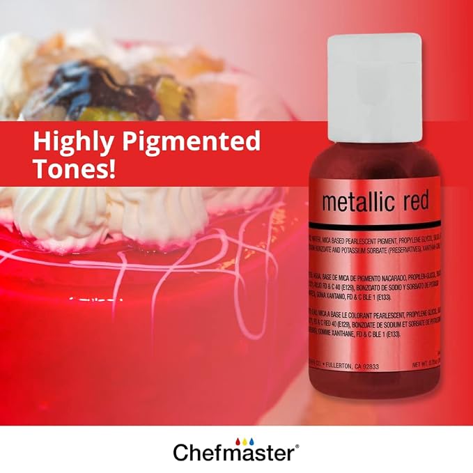 Chefmaster 6-Bottle Set of Metallic Airbrush Food Coloring, Rich Colors, Edible Glitter, Professional-Grade Dye for Icing, Frosting, Fondant, Chocolate, Made in USA, 0.67 oz Each