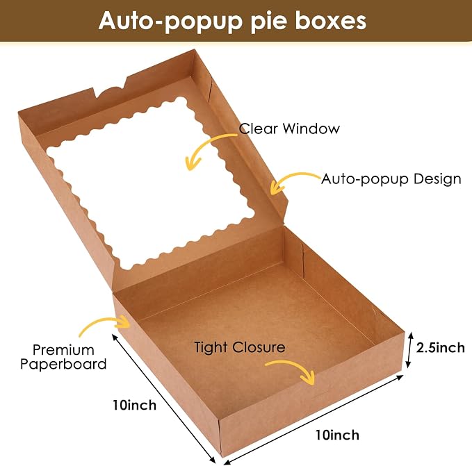 Moretoes 5pcs Pie Boxes, 10x10x2.5 Bakery Boxes with Window, Auto-Popup Brown Bakery Boxes for Pies, for Dessert, Donuts, Muffins