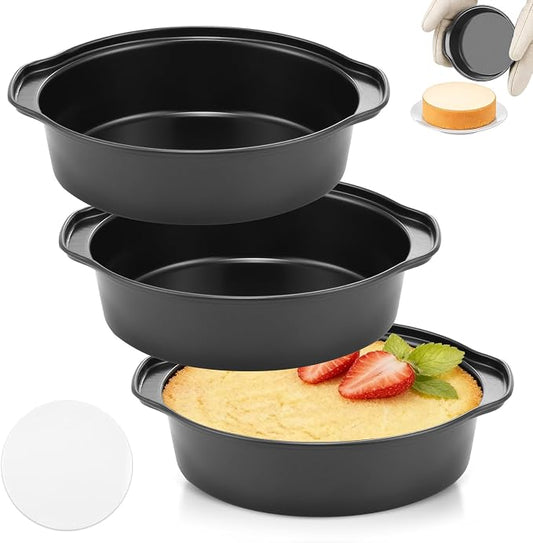 6 Inch Cake Pan - 3PCS Carbon Steel Round Cake Pans with 100 Pieces Parchment Paper, Non-stick & Easy Demolding, Non-toxic & Healthy