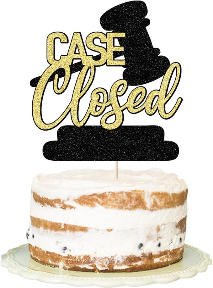 Case Closed Cake Topper - Congrats Lawyer Cake Decor - Law School/College Graduation Black Gold Glitter Party Decorations Supplies
