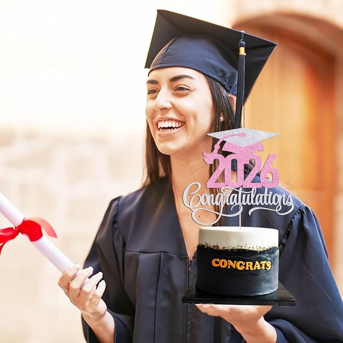 Silver pink 2026 Congratulations Graduation Cake Topper,Congrats Grad Cake Decor - 2026 High School/College/Senior Graduation Party Decorations Supplies