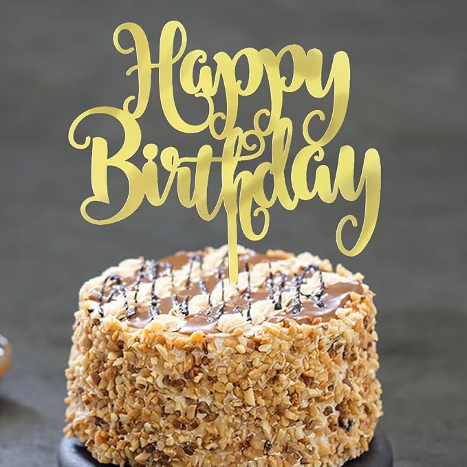 Happy Birthday Cake Topper- Glitter Happy Birthday Cake Decor, Handmade Anniversary/Birthday Party Supplies (Acrylic gold)