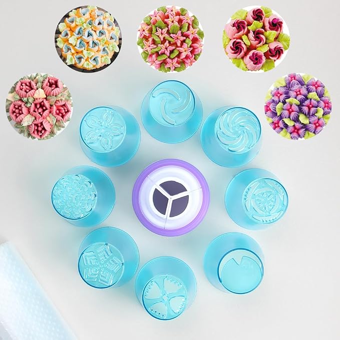 10 Pieces Plastic Cake Decorating Russian Icing Tips Set, 8 Russian Flower Piping Tips,1 Coupler,1 Plastic Piping Bag for Cake Decoration, Icing Floral Piping Nozzles,Pastry Baking Tools