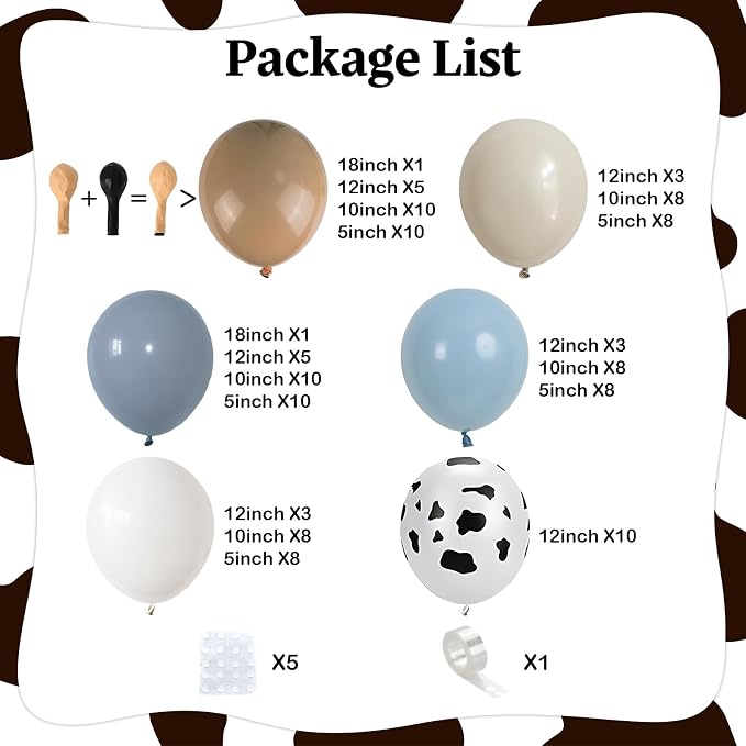 Cowboy Western Balloon Arch Kit, Dusty Blue Brown Double Stuffed Sand White Balloon Garland with Cow Print Balloons for Boys Western Cowboy Theme Birthday First Rodeo Baby Boy Shower Party Decorations