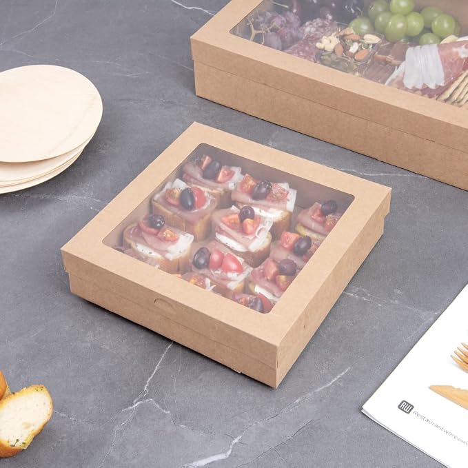 Restaurantware Cater Tek 9 x 9 x 2.4 Inch Catering Boxes 100 Insert Tab Lock Baked Goods Boxes - Window Lids Easy Assembly Kraft Paper Window Pastry Boxes For Charcuterie Or Cupcakes