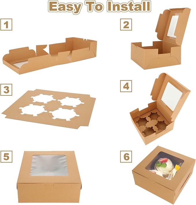 100 PCS Cupcake Boxes 4 Count Cupcake Containers Brown Kraft Paper Cupcake Boxes Treat Boxes with Insert 4 Cavity for Muffins Cookies Cupcakes Macarons Donuts（6x6x3 Inch）