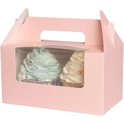 qiqee Pink Cupcake Box Two Holder 6.5x3.6x3.5inch(2.2" Top) 50pcs 2 Cupcake Boxes With Window
