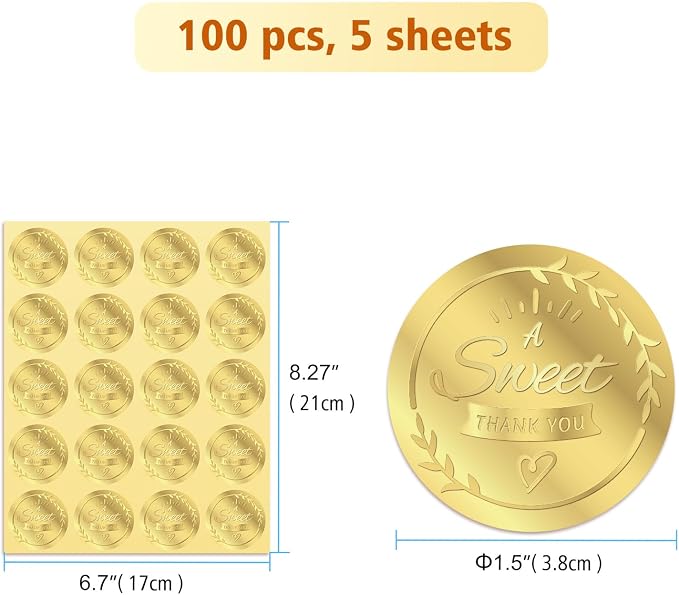 100x A Sweet Thank You Embossed Favor Stickers Labels, Gold Foil Tags Envelope Seals, Wedding Invitation Decor Foil Party Favor Stickers for Sealing Awards Embossing Certificates 1.5 Inch