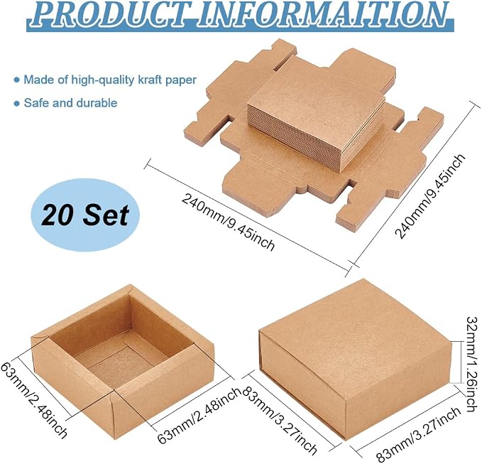 BENECREAT 20 Pack Brown Kraft Paper Drawer Boxes, 3.2x3.2x1.2 Inch Square Kraft Paper Gift Box Cookie Boxes for Wedding Party Gifts, Jewellery Packaging