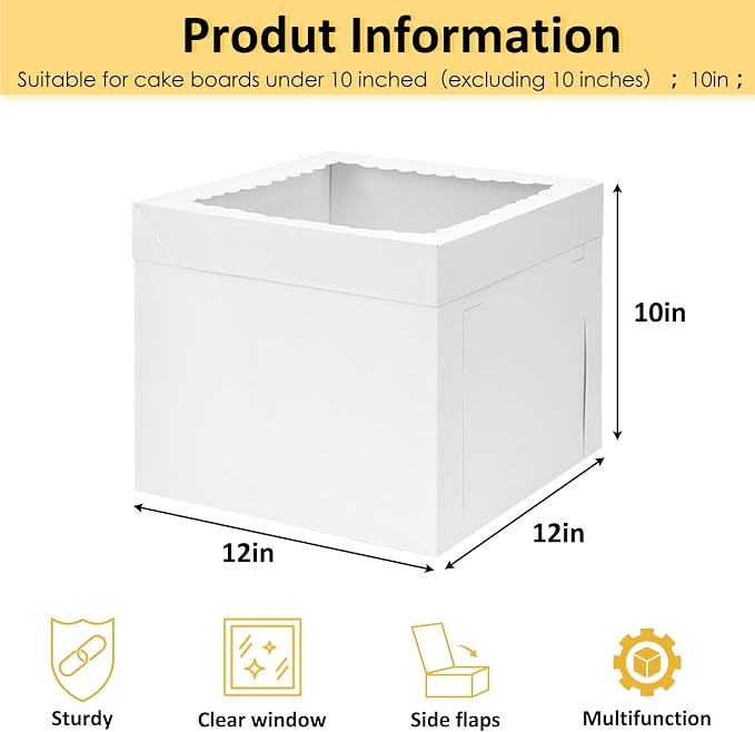 Moretoes 3 Pack Cake Boxes 12 Inch with Boards, 12x12x10 Inches White Cake Carrier Bakery Containers, Disposable Bakery Boxes for Valentine's Day Mother's Day for Cake Cupcake Cookie Pie Pastry