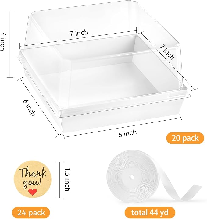 Kucoele Cake Boxes with Clear Lids, 7 x 7 x 4 Inches, 20 Pack, White | Disposable, Paper, Square Charcuterie Boxes, To Go Food Containers, For 4-6 Inch Cake, Jumbo Cupcakes, Bakeries