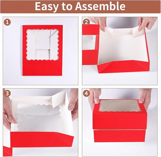 24 pcs Red Pie Boxes,12x12x3 Inch Auto-Popup Bakery Boxes with Window Donuts Chocolate Muffins Donuts Pastry Dessert Cookie Box For Packaging