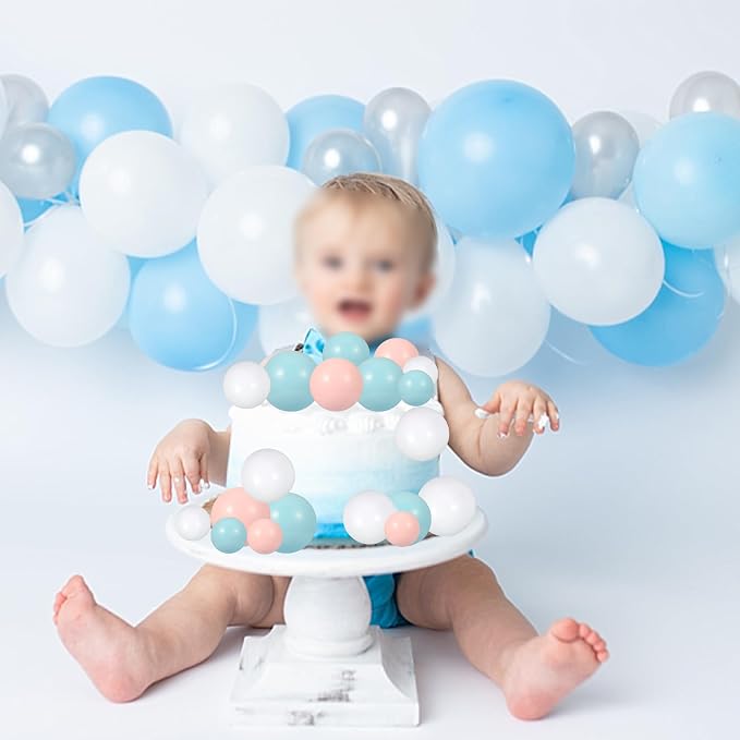 Gyufise 30Pcs Balls Cake Topper Foam Ball Cake Picks Faux Pearl Ball Shaped Cupcake Insert Cake Topper for Baby Shower Wedding Anniversary Kids Birthday Party Cake Decorations White Blue Pink