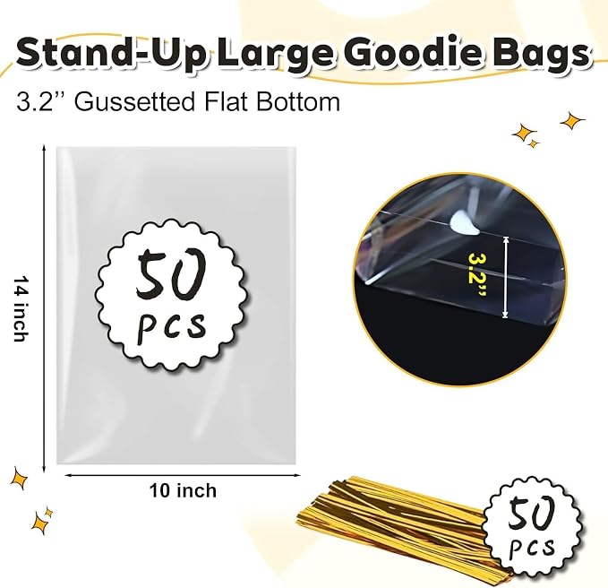 PigPotParty Cellophane Bags 10x14 Inch, 50 Pack Clear Plastic Gift Bags with Bottom Gusset for Stand-Up Display, Medium Cello Wrap for Large Goodies, Treats, Party Favors, Mugs, Includes 50 Ties