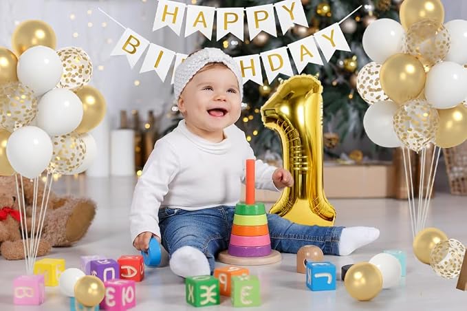 1st Birthday Decorations,40inch Gold Number 1 Balloon And Happy Birthday Banner With 12inch Metallic Gold White Confetti Balloons For One Year Old Boys Birthday Decorations