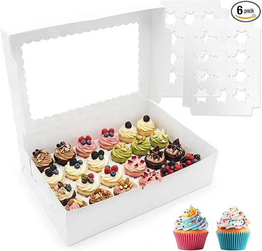 6 Pack White Mini Cupcake Boxes Containers Hold 24 MINI Cupcakes, 13 x 8.8 x 3.5 Inch Dessert Muffins Box with Window and Inserts for Birthday Holiday Party Bakery Supplies