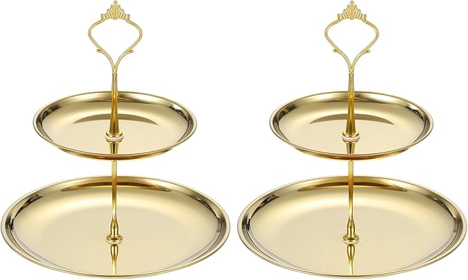 uxcell 2 Sets 2-Tier Cupcake Stand Holder, Round Tiered Serving Tray Stainless Steel Cup Cake Stand for Dessert Fruit Table Birthday Party Decoration Display, Gold