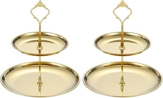 uxcell 2 Sets 2-Tier Cupcake Stand Holder, Round Tiered Serving Tray Stainless Steel Cup Cake Stand for Dessert Fruit Table Birthday Party Decoration Display, Gold