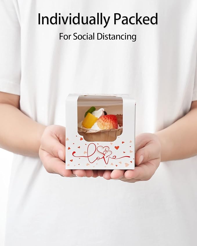 Cupcake Boxes Individual White and Red with Heart and Insert, Pre-assembled Individual Cupcake Containers with Clear Window 50 Pack for Wedding Favors