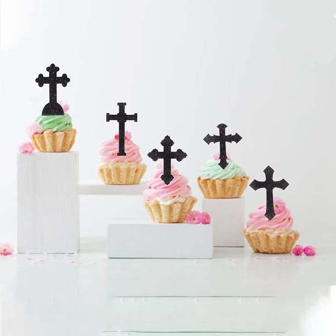 60 PCS Edible God Bless Cross Cupcake Toppers Christian Baptism God Bless Cupcake Picks Edible Cross First Communion Cake Decorations for Religious Theme Baby Shower Birthday Party Supplies Black