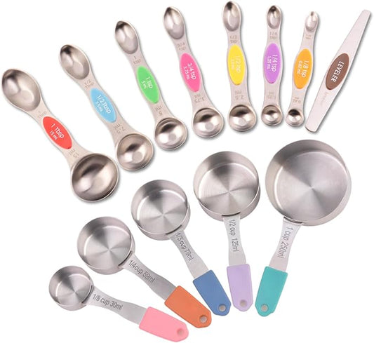13-Piece All-Magnetic Measuring Cups and Spoons Set, 430 Stainless Steel Metal Measuring Cup and Spoon Set with Silicone Handles & Leveler for Baking Cooking (Multi-color)