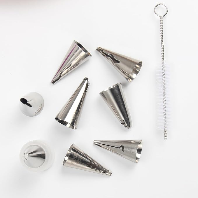 Baipeisy 11Pcs Stainless Steel Pleated Skirt Piping Tips Set - Reusable Baking Tools Kit Includes 8 Decorating Nozzles, 1 Cleaning Brush, 1 Converter, 1 silicone piping bag for Frosting Cakes