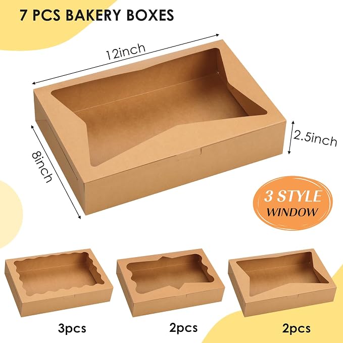 TOMNK 7pcs Cookie Boxes, 12x8x2.5 Inches Bakery Boxes with 3 Style Window for Chocolate Covered Strawberries, Donuts, Pastries (Brown)