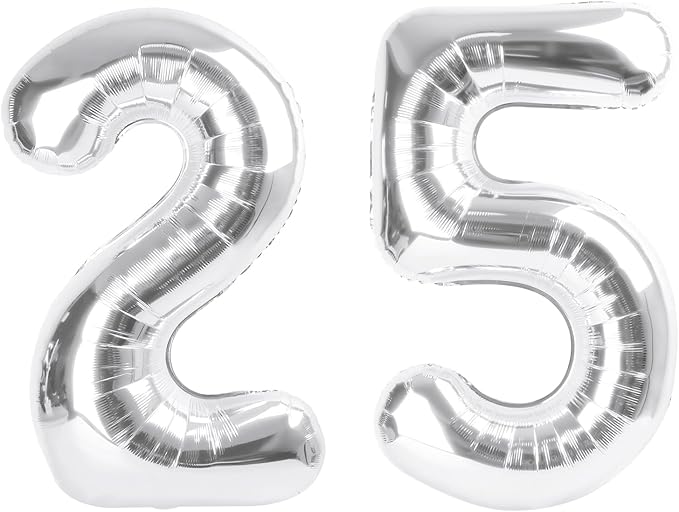 40 Inch Number 25 Balloons, Happy 25th Birthday Decorations for Women, Silver Foil Large Ballon for 2 5 25 52 Birthday Party Wedding Anniversary Supplies