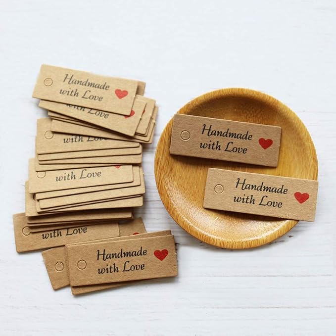 200 Pieces Handmade with Love Tags Handmade Tags Kraft Paper Handmade with Love Tags with 65.6 Feet Natural Jute Strings Brown
