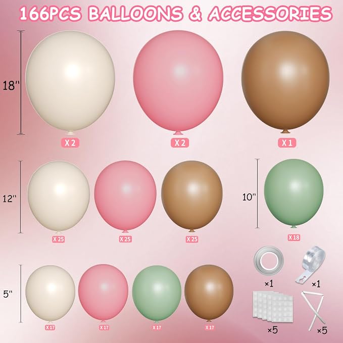 MEBAY Pink Green Brown White Balloon Garland Arch Kit, 166Pcs Blush Pink Pastel Green White Sand Tan Brown Boho Balloons for Baby Shower Birthday Wedding Safari Jungle Woodland Party Decorations