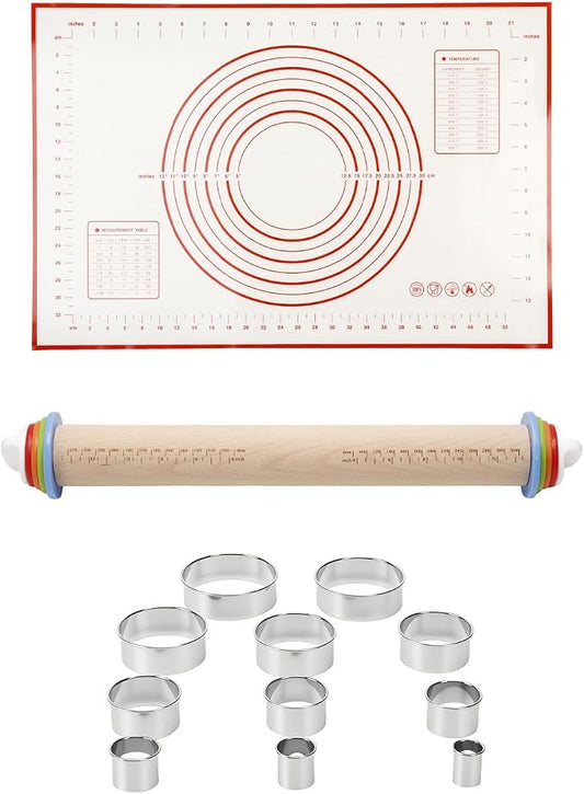 16.7" Wood Rolling Pin with Thickness Rings, Adjustable Wooden Rolling Pins for Cookie Pastry Tools, Dough Roller Pins with 1PCS Silicone Pastry Mat & 11PCS Stainless Steel Cookie Cutters
