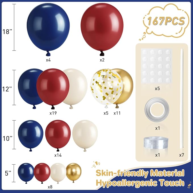 Red White and Blue Balloon Garland Arch Kit, 167Pcs Midnight Blue Burgundy Sand White Metallic Gold Balloons for Graduation Birthday Wedding Christmas New Year Party Decor