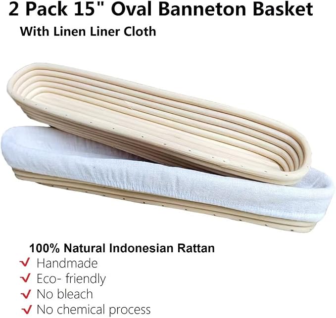 15 Inch Proofing Baskets for Baguette, Bread Banneton Baking Bowls 2 Pack, Making Baguette Bread with Beautiful Pattern and Shape
