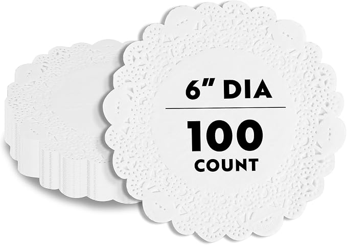 Pastry Tek 6 x 6 Inch Lace Doilies, 100 Decorative Tableware Placemats - Disposable, Round, White Paper Table Doilies, For Birthdays, Or Weddings, Table Decor - Restaurantware
