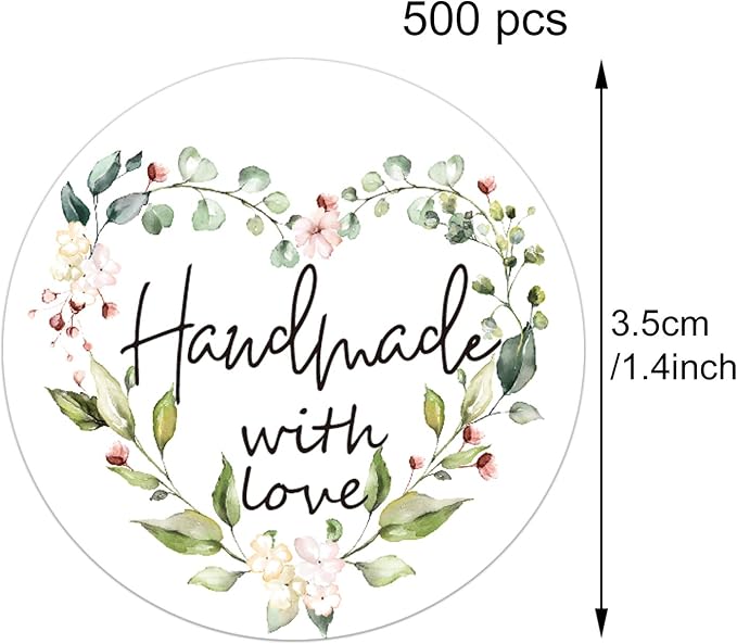Greenery Handmade Labels, 1.4 in Round, 500 Adhesive Labels per Roll, Handmade Packaging