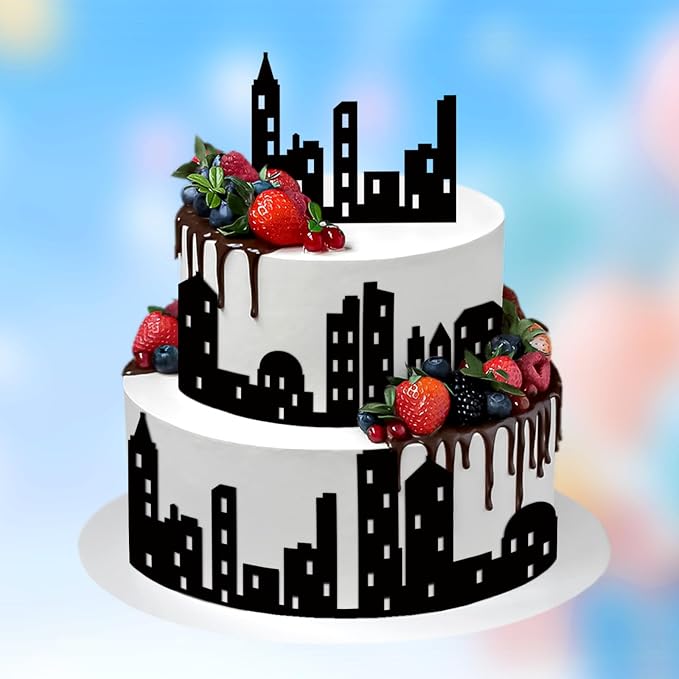 6Pcs City Cake Border Decoration Black City Building Birthday Cake Decoration Toppers Stick On or Lay On Toppers Birthday Decor Accessories for Party Lighted City Backdrop