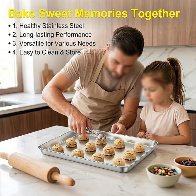 TeamFar Toaster Oven Pan Set of 2, Stainless Steel Toaster Oven Baking Tray Ovenware, 12.5’’x 9.5’’x1’’, Non Toxic & Healthy, Rust Free & Mirror Finish, Easy Clean & Dishwasher Safe