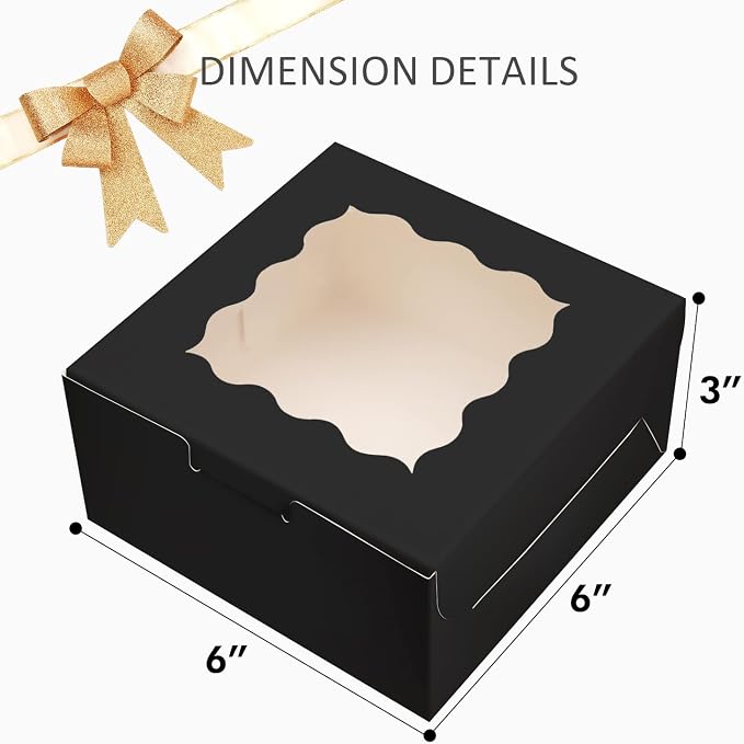 Bakepacker 100pcs Black Bakery Boxes with Window 6x6x3 inches Thick & Sturdy Macaroon Pastry Boxes Cookie Boxes for Bakerys