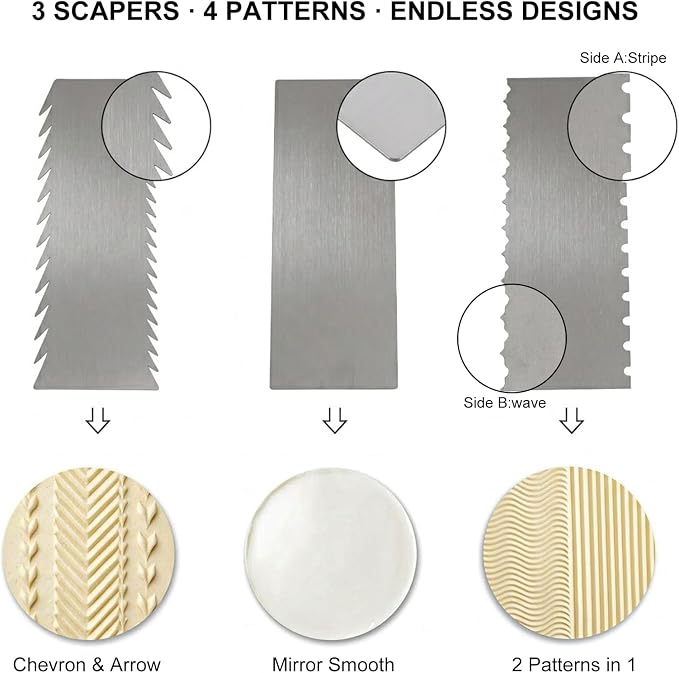 3 Pcs Stainless Steel Cake Scraper Set, 8.7 Inch Chevron Fir-Tree, Double-Sided Stripe & Wave, Smooth Edge Icing Smoother for Buttercream Cake Decorating