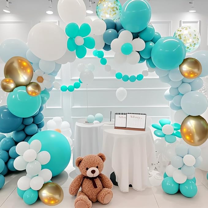 MEBAY Teal Balloons Garland Arch Kit, 147PCS Teal Blue Turquoise Green Metallic Gold Balloons with Confetti for Wedding Baby Shower Birthday Party Decorations