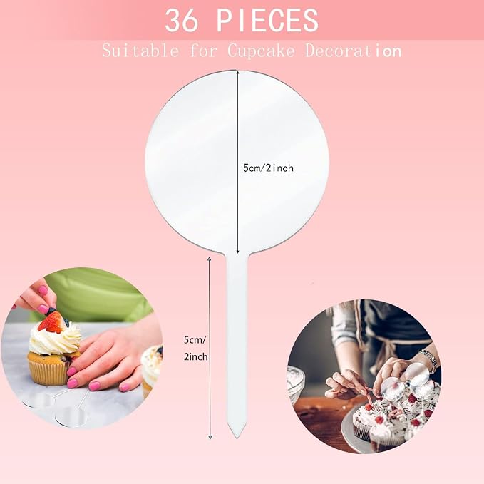 36 Pieces 2 Inch Round Acrylic Cake Toppers, Blank Cupcake Stick Toppers for DIY Clear Round Blank Cake Decorations, for Birthday, Wedding, Festival Party Supplies (Round)